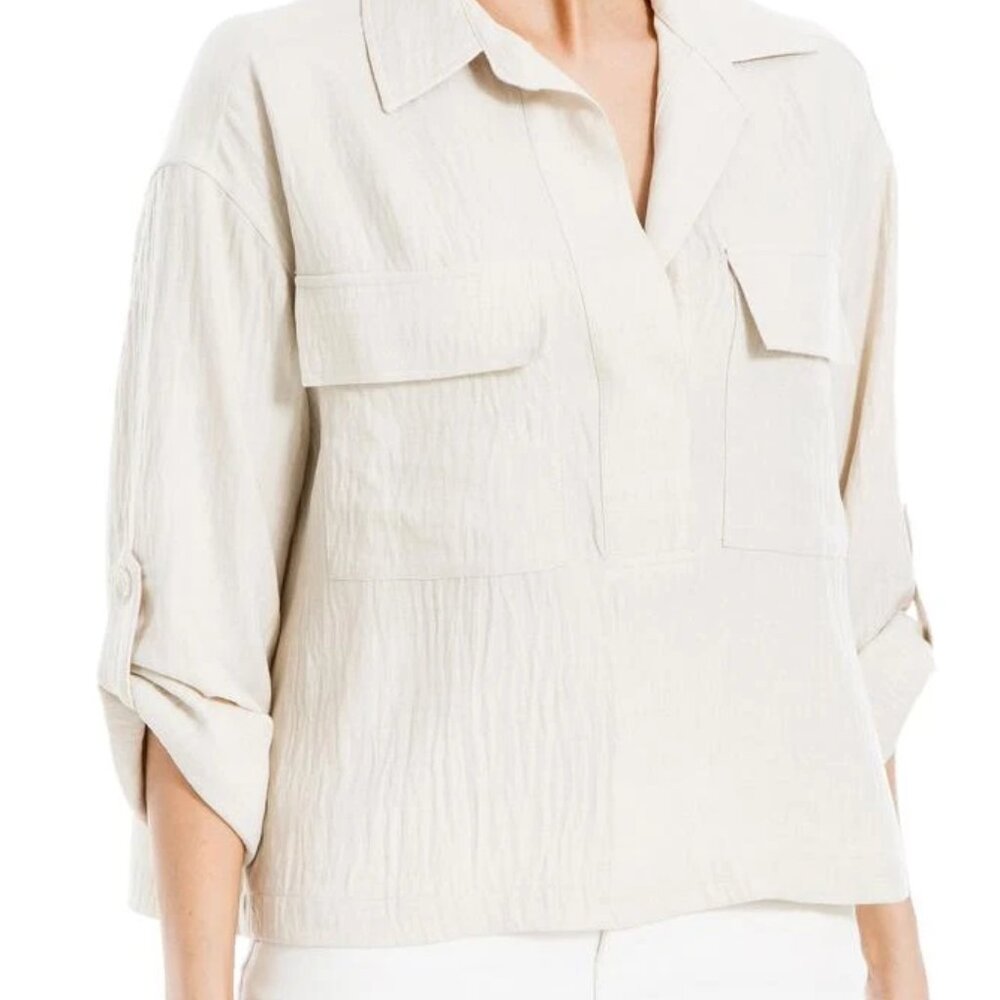 Max Studio Women's Collared Textured Shirt in Heather-Oatmeal size Large - NWT